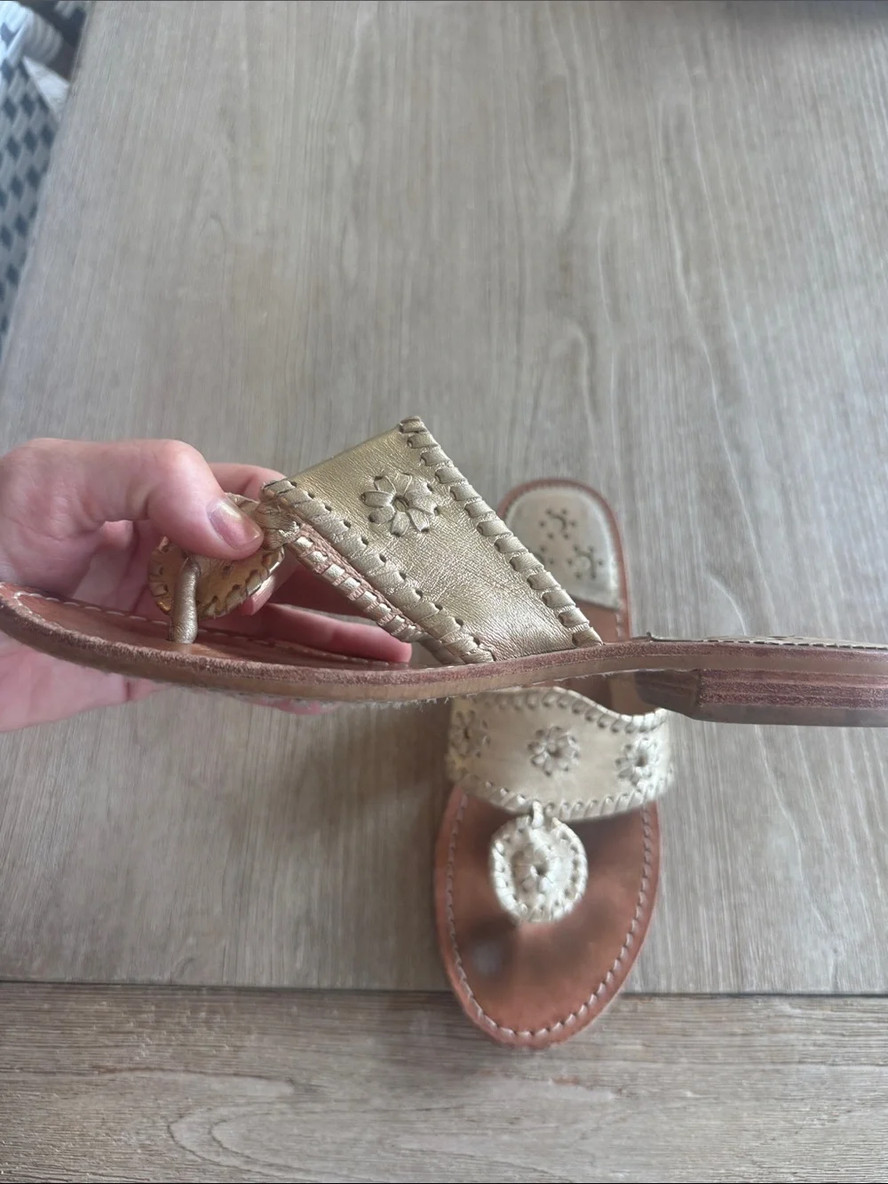 Jack Rogers Metallic Gold Floral Leather Thong Sandals